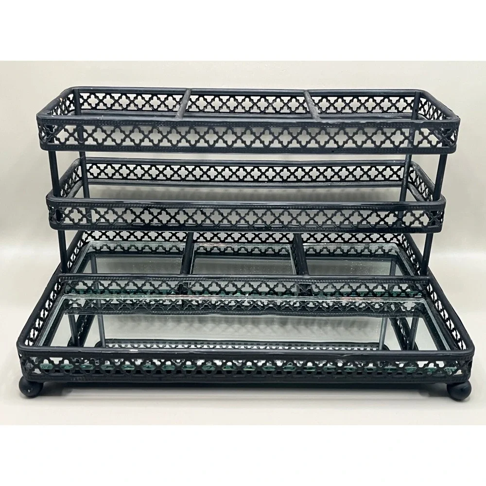Black Metal 3 Tier Mirrored Vanity Organizer Makeup Jewelry Fretwork 9